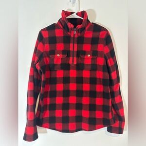 Chaps Womens Medium Fleece Quarter Zip Buffalo Plaid Soft Casual Red Black Shirt